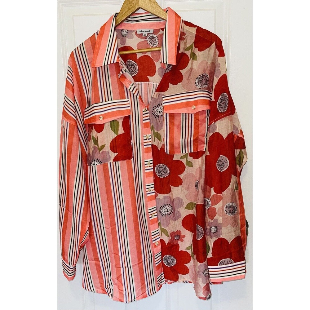 Women’s White Birch 3/4 Sleeve Sheer Button Down Shirt Top Blouse Size 2X Beach